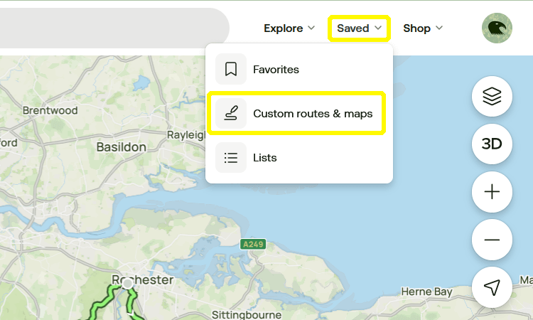 A screenshot of the AllTrails website showing where to click to access the GPX upload interface.