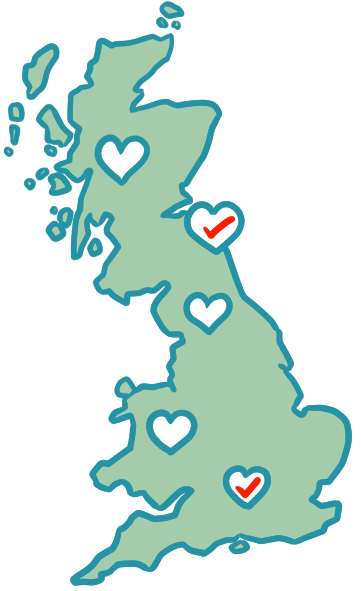 A hand-drawn map of Great Britain with a wishlist of walking trails represented by hearts waiting to be ticked off - it looks like this walker has completed the Northumberland Coast Path and the Thames Path, with Offa's Dyke Path, the Great Glen Way and the Pennine Way still to go.