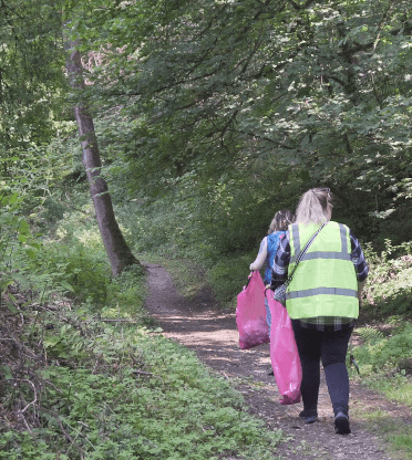Half the litter-picking team head onto the wooded footpath that runs parallel to the busy Via Gellia from our offices at Via Gellia Mill.