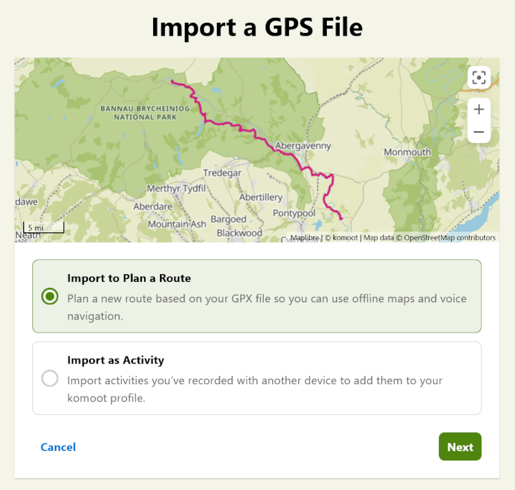 A screenshot of the Komoot GPX upload screen on desktop.