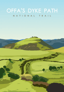 Art depicting a view along the mounded shape of the Offa's Dyke earthworks.