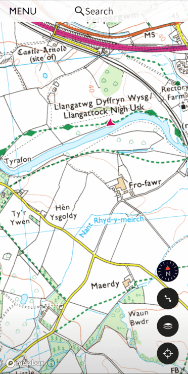 A screenshot of the OS Maps app for GPS navigation, showing Ordnance Survey-style mapping with the user's location shown with a red arrow marker.