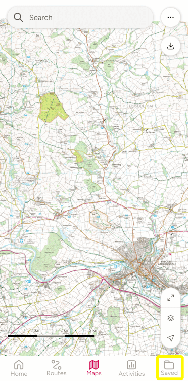 A screenshot of the OS Maps app, showing the excellent Ordnance Survey mapping in the background, with the Saved menu highlighted in yellow at the bottom.