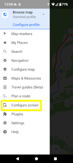 A screenshot of the pull-across menu on OsmAnd with the Configure Map option highlighted in yellow.