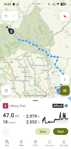 A screenshot of the GPX route for the Usk Valley Way uploaded to the OutdoorActive app, showing the trail in full overlaid on the mapping, with distance and elevation shown beneath.