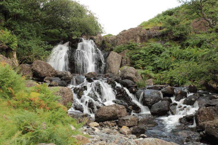 Sour Milk Gill by Colin Gregory. The rushing waters of this beautiful waterfall in the Lake District tumble over a stepped set of rocks framed by bracken.